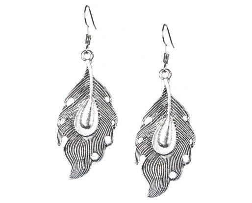 Leaf / Peacock Feather - Silver Oxidized Earrings Jhumka Jhumki Bali Imitation Indian Bollywood Ethnic Wedding Jewelry H2